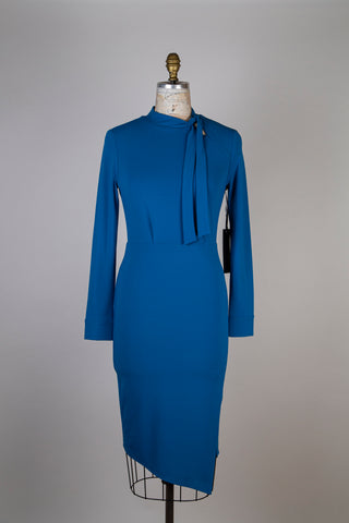 Titan blue fitted dress with a looped collar (S)