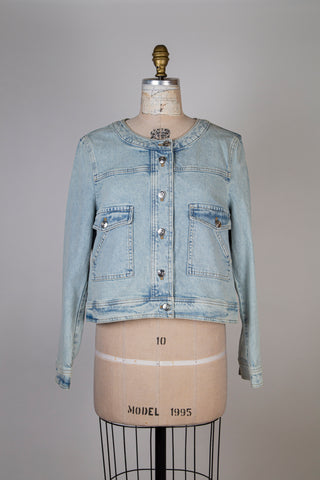 Veste en denim bleu délavé à col rond (12)