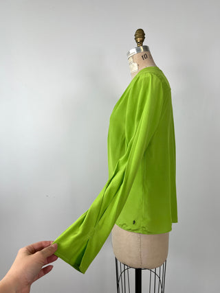 Blouse évasée vert néon irisé à col V (8 et 12)