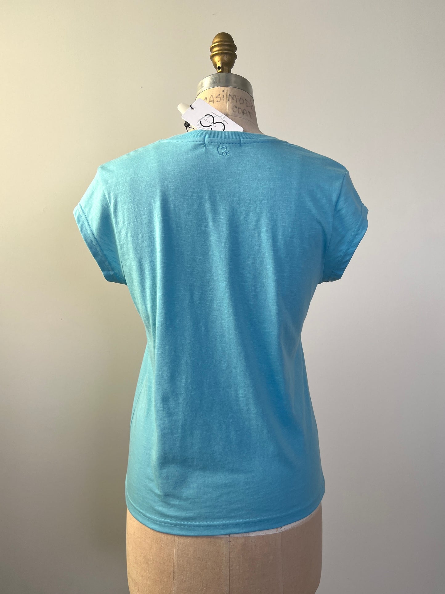 T-shirt à col V en tissage tramé bleu (S)