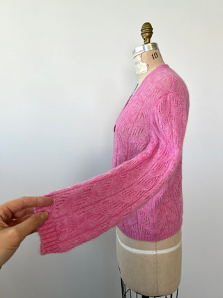 Candy Pink Openwork Cable Knit Cardigan (S)