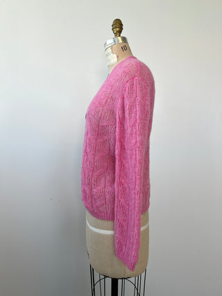 Candy Pink Openwork Cable Knit Cardigan (S)