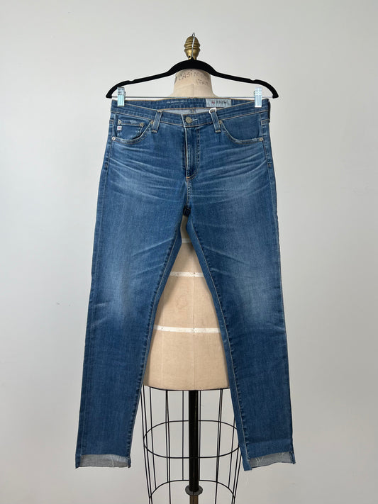 Pantalon skinny en denim effet usé à coupes franches (30 et 31)