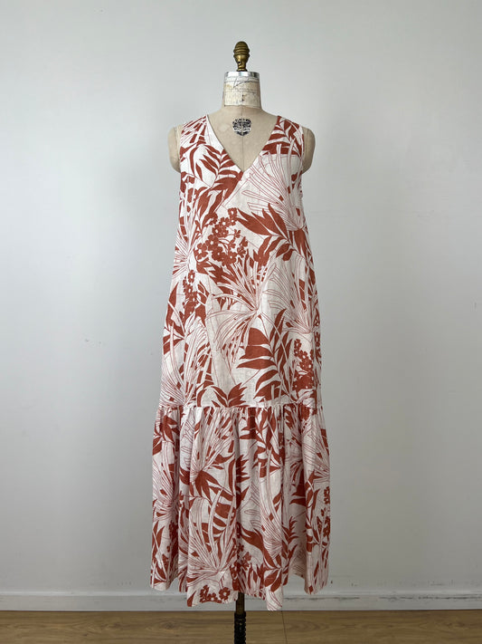 Robe à volant en lin floral crème et terra cotta (6)