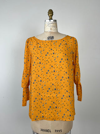 Blouse florale jaune safran à manches bouclées (S)