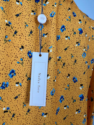 Blouse florale jaune safran à manches bouclées (S)