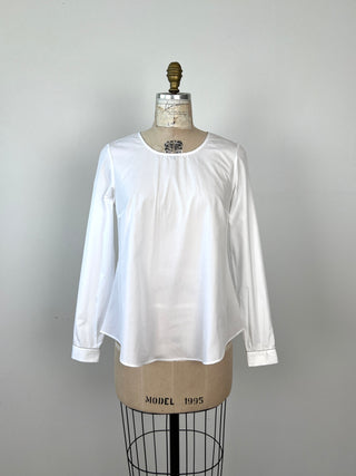 White flared blouse with rhinestone trim (6-10-12)