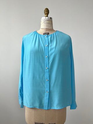 Blouse bleu aqua satiné à col froncé (6)