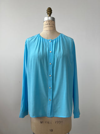 Blouse bleu aqua satiné à col froncé (6)