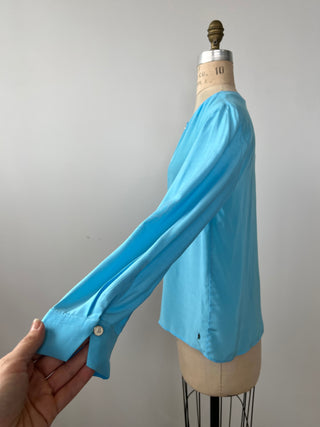 Blouse bleu aqua satiné à col froncé (6)