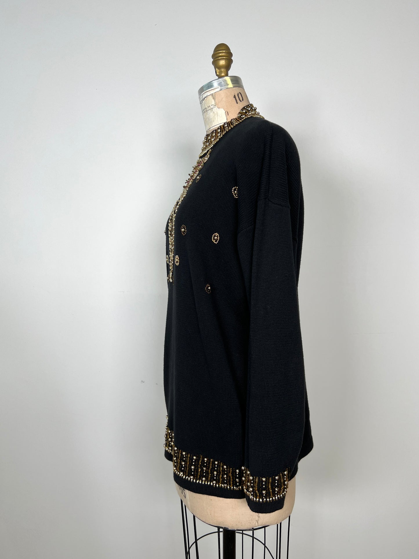 Chandail bijoux en tricot pur coton noir lavable (M)