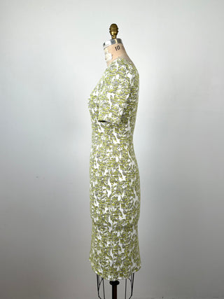 Cream dress with lime green/grey jacquard (S)