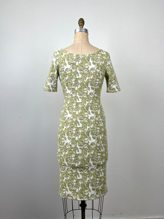 Cream dress with lime green/grey jacquard (S)