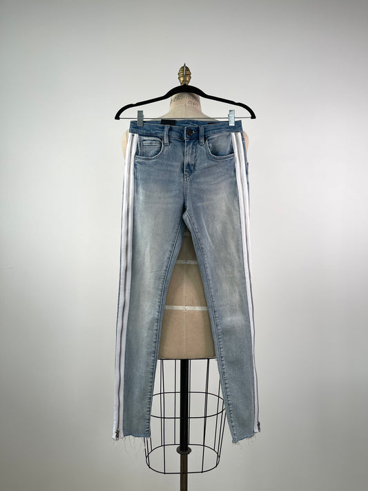 Pantalon en denim bleu usé à galons fermetures éclair (XS/XXS)