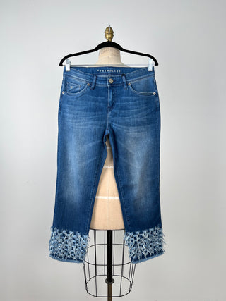 Pantalon en denim bleu à damiers et franges (8)