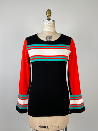 Black sweater with orange and turquoise stripes (8 and 10)