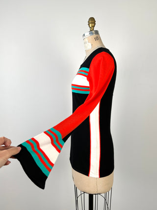 Black sweater with orange and turquoise stripes (8 and 10)