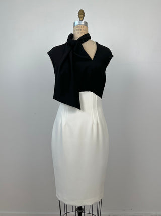 Black and white fitted dress with scarf neckline (4)