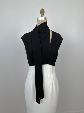 Black and white fitted dress with scarf neckline (4)