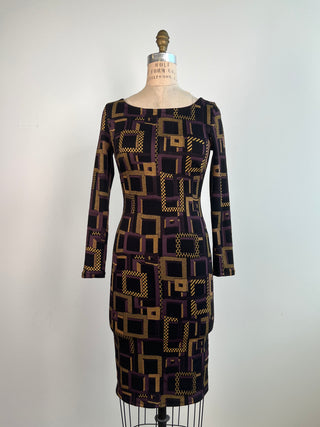 Black dress with yellow/mauve jacquard (XS)