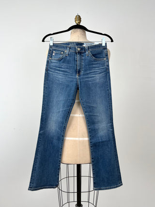 Blue denim bootcut pants with a worn effect (26)