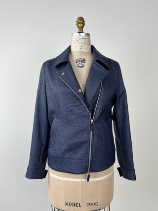 Navy perfecto jacket in waxed effect weave (6)