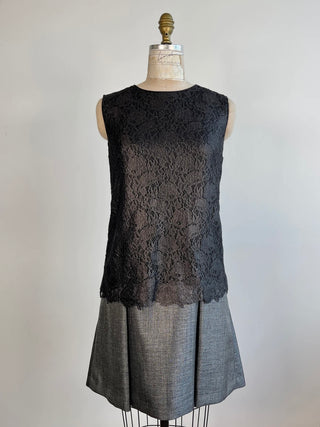 Two-material dress in metallic gray gabardine and lace (6/8)