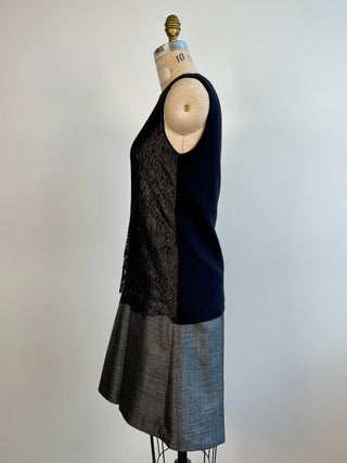 Two-material dress in metallic gray gabardine and lace (6/8)