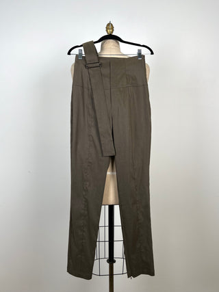 Pantalon en lin techno moka à ceinture déco (XS)