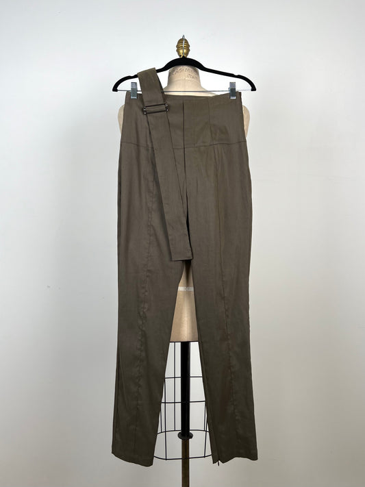 Pantalon en lin techno moka à ceinture déco (XS et S)