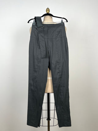 Mystic Grey Techno Linen Pants with Deco Belt (XS)