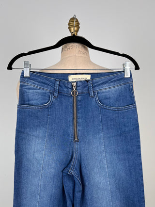 Pantalon évasé en denim stretch bleu effet usé (4)