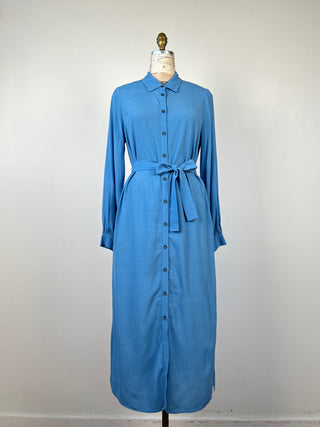 Blue maxi shirt dress with mini black polka dots (6)