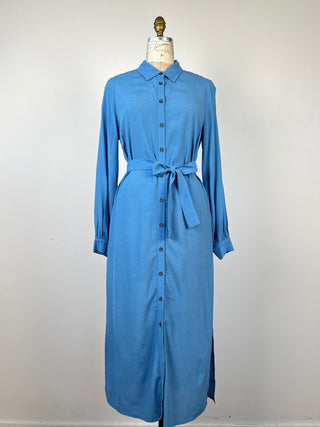 Blue maxi shirt dress with mini black polka dots (6)