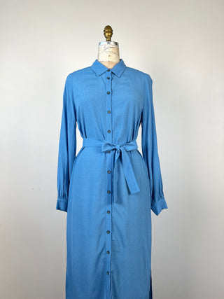 Blue maxi shirt dress with mini black polka dots (6)