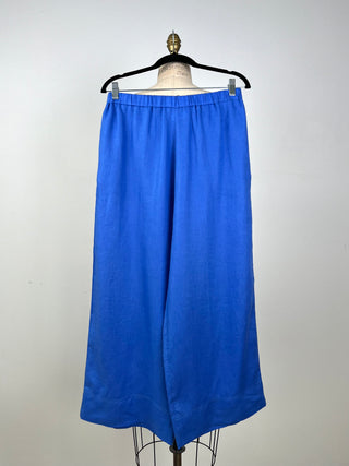 Pantalon en lin bleu à taille élastique (8)