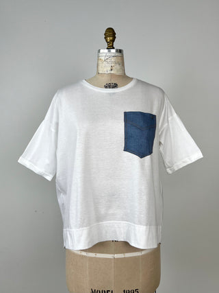 T-shirt blanc à poche denim (S)