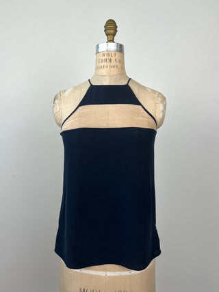 Navy silk top with sheer insert (S)