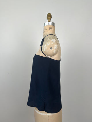 Navy silk top with sheer insert (S)