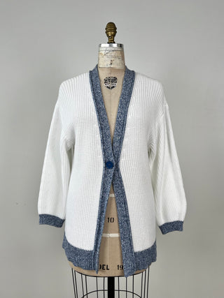 White knitted jacket with blue trim (6)