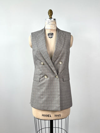 Gray sleeveless blazer with fine coral checks (4/6)