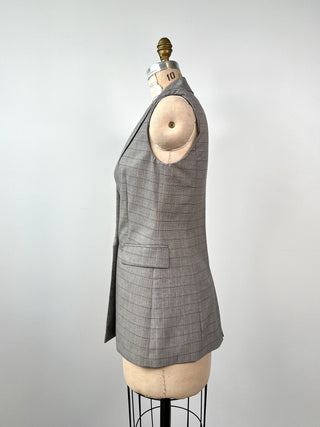 Gray sleeveless blazer with fine coral checks (4/6)