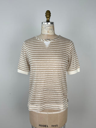 White and Sand Striped Blouse Back T-Shirt (XS)