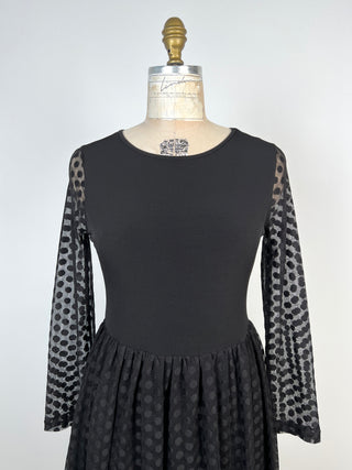 Black two-material dress with sheer polka dot detail (S)