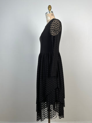 Robe bi-matière noire à détail diaphane à pois (S)