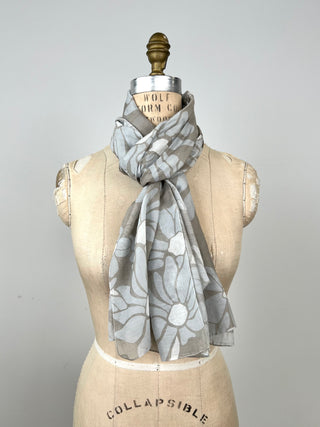 Grey and sand floral scarf in cotton and silk