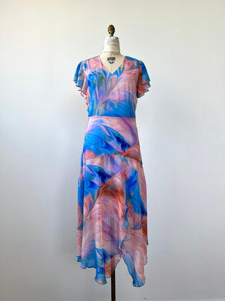 Robe midi  à imprimé aquarelle lavable (XS-S-M)