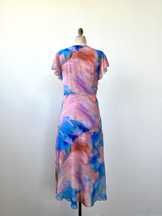 Robe midi  à imprimé aquarelle lavable (XS-S-M)