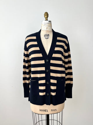 Pure cashmere cardigan with navy and tan stripes (6)