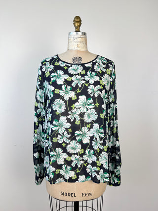 Navy sheer blouse with green and white floral print (6+8)